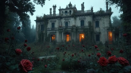 A Decaying Gothic Mansion's Warm Glow Amidst a Wild Crimson Rose Garden.