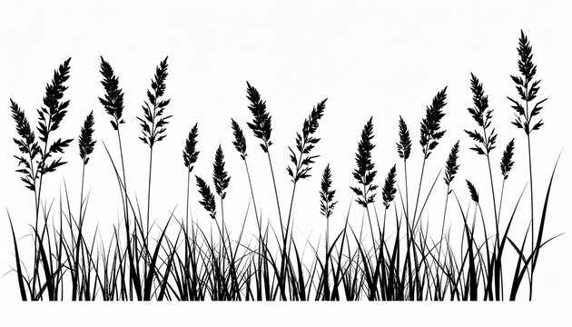 Black silhouette of tall wild grass and meadow herbs. A minimalist botanical vector illustration of field plants isolated on a white background.