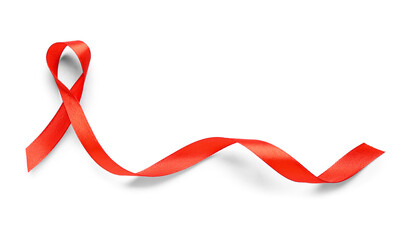 Red satin ribbon isolated on white background. AIDS awareness concept
