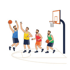 Fototapeta premium Four men playing basketball on a court, one jumping to shoot, another defending, one dribbling, and one running.