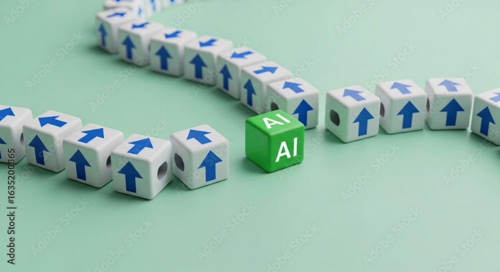 Poster ai innovation concept with green ai cube leading the way for future technology and development forwa