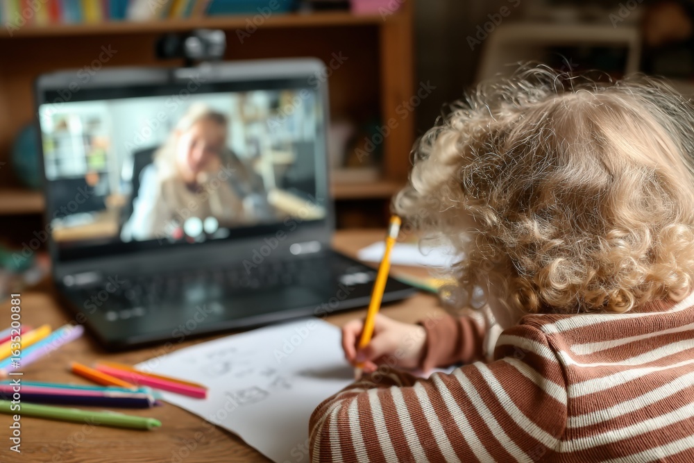 Poster homeschooling concept featuring a child attending an online class using a laptop and taking notes wi