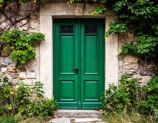 Green door in a stone wall with climbing plants