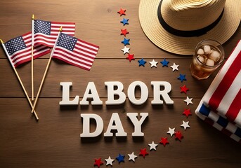 Celebrate american labor day with patriotic decorations including flags stars and a festive straw hat on a wooden surface
