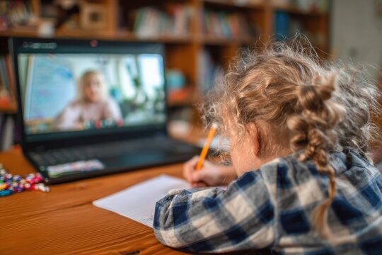 Young student taking notes and engaging in an online class while using a laptop at home, focused on learning and technology