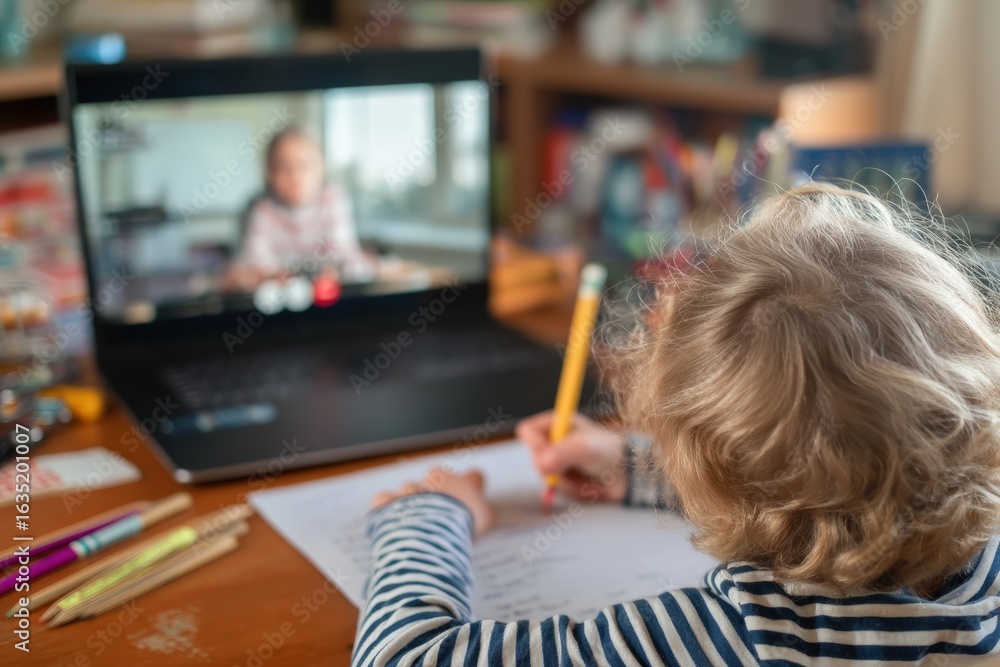 Poster homeschooling student writing notes while attending online class using laptop and internet connectio