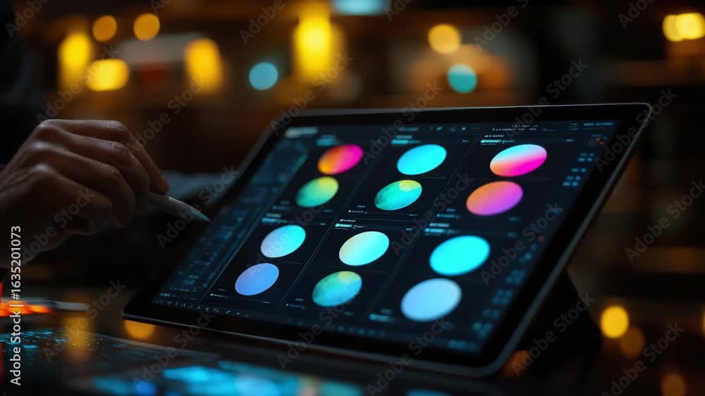 Poster analyzing data with modern technology on a touchscreen tablet for business strategy and finance