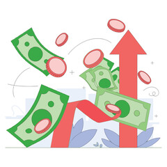 Green banknotes and pink coins with red upward arrow and abstract plants finance money