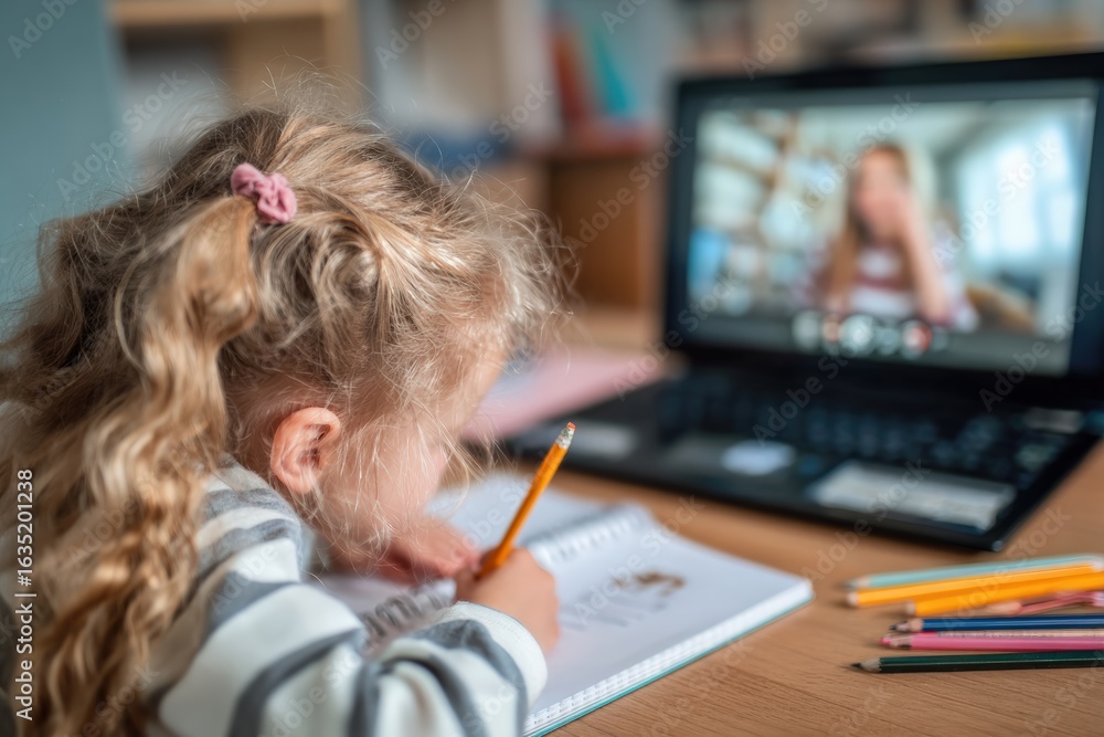 Poster little girl engaged in writing and drawing on a notebook while participating in an online class on h