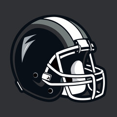 Fototapeta premium Stylized black american football helmet with white stripes and face mask on dark gray background