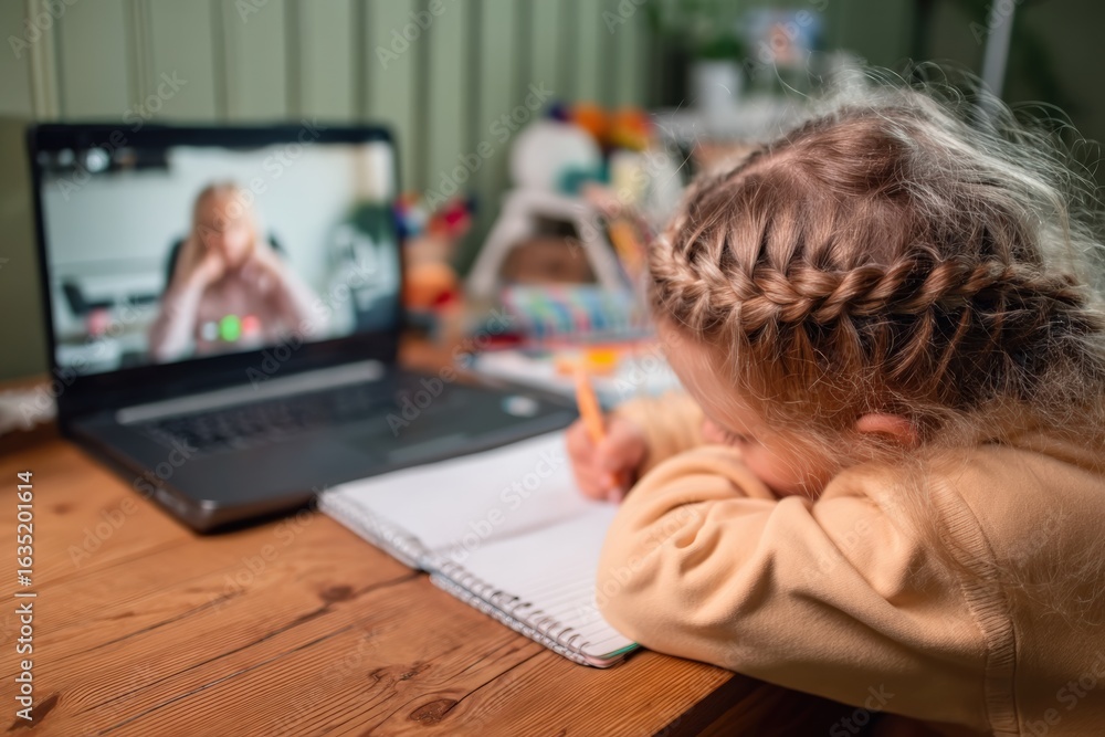 Poster elementary school student learning from home taking notes during virtual lesson with teacher on lapt