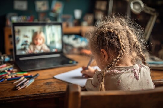 Girl learning from home, writing in notebook and attending online class on laptop with teacher through video call