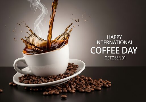 A dynamic splash of rich dark coffee erupts from a white cup celebrating international coffee day with scattered beans