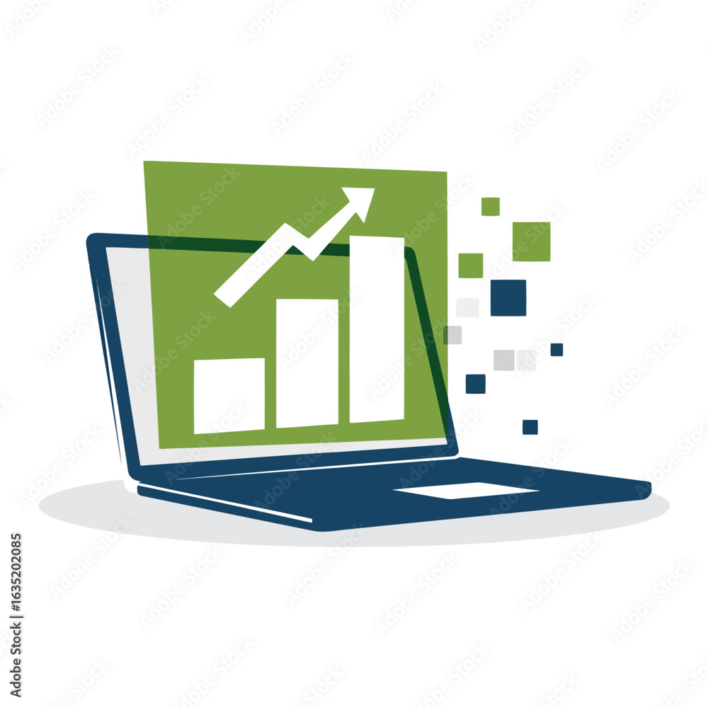 Poster laptop displaying upward trending bar graph with scattered squares computer technology