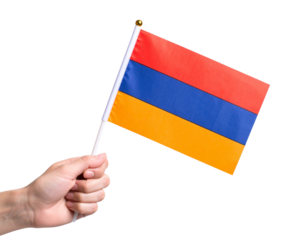  Hand Holding Mini Armenia Flag on Stick, Waving Motion from Side Angle, Isolated on Transparent Background
