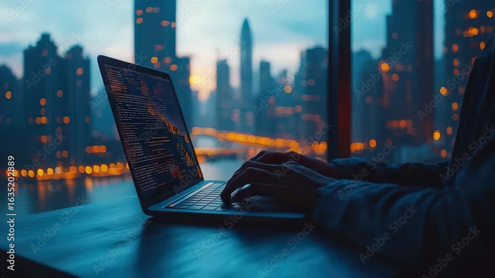 Aufkleber night coding session: developer working on laptop with city skyline view at night