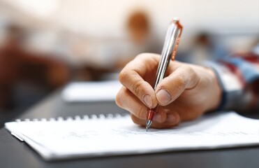 Close up of hand writing on spiral notepad with blurred classroom background, concept of studying and learning