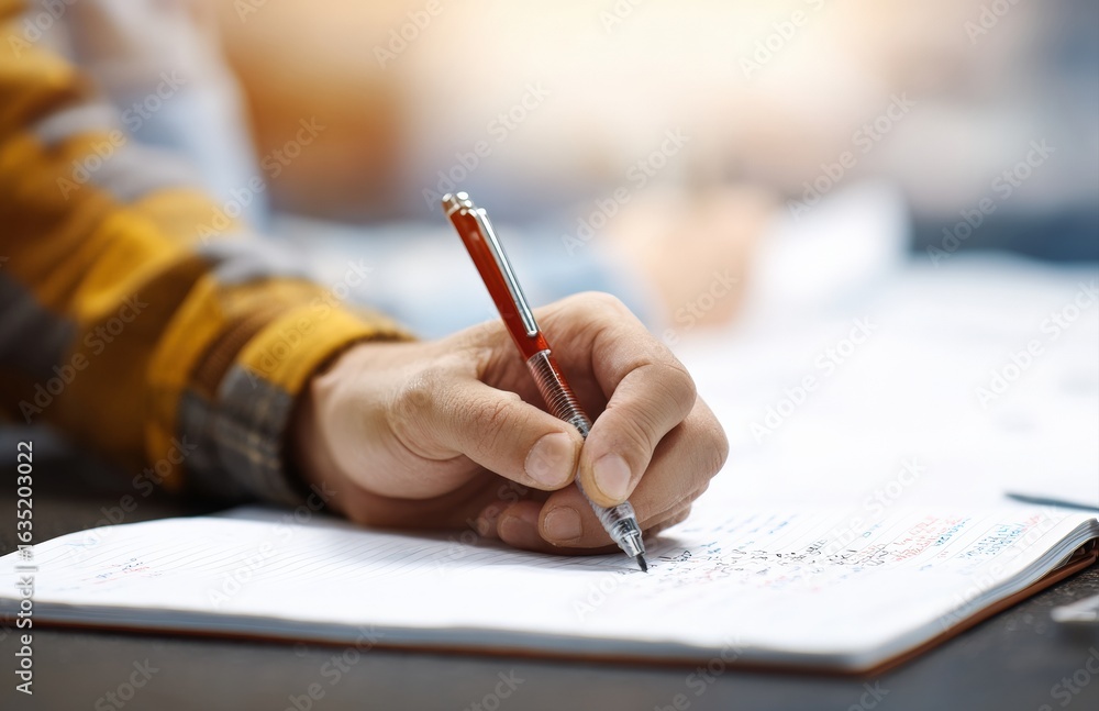 Poster close up of hand writing notes with a pen in a notebook, doing homework or taking a college exam at 