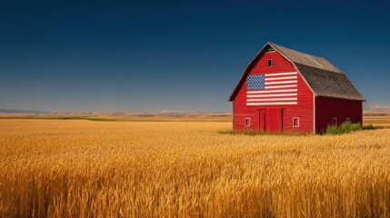 Red barn with american flag in golden wheat field