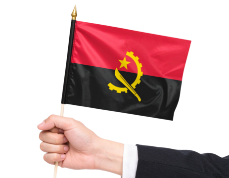  Small Handheld Angola Flag on Stick, Held Up Against Clear Space, Side Perspective, Isolated on Transparent Background.