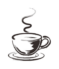 Stylized black and white illustration of a coffee cup with steam.