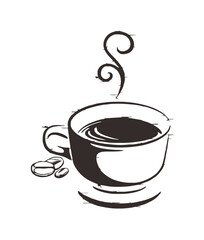 A hand-drawn illustration of a steaming cup of coffee and coffee beans.