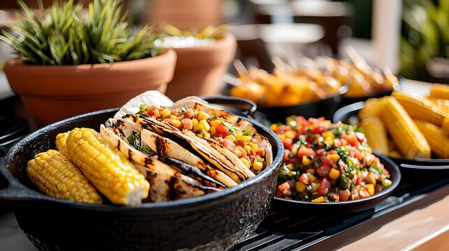 An array of flavorful Tex Mex style dishes including corn vegetables and salsa served on a rustic outdoor table surrounded by potted plants and a natural relaxed setting