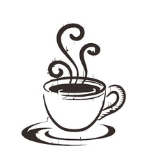 A stylized drawing of a steaming cup of coffee on a saucer, with swirling vapor.