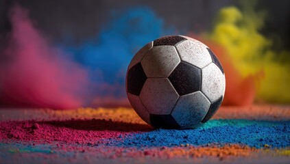 Fototapeta premium Soccer ball in colorful powder, studio shot, vibrant background, sports advertising