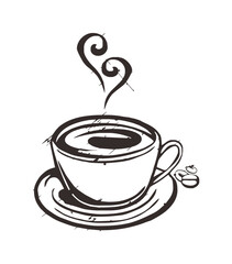 Stylized black and white illustration of a steaming cup of coffee.