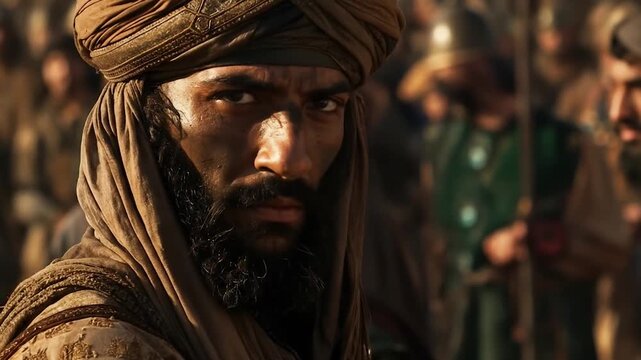 An ancient muslim commander in a turban looks sternly at the camera, surrounded by other soldiers of his army. Medieval war to expand islam.