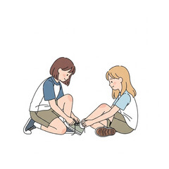 Two girls, seated, helping each other tie shoelaces, a heartwarming illustration of friendship.