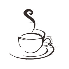 Artistic line drawing of a coffee cup with steam rising, on a saucer.