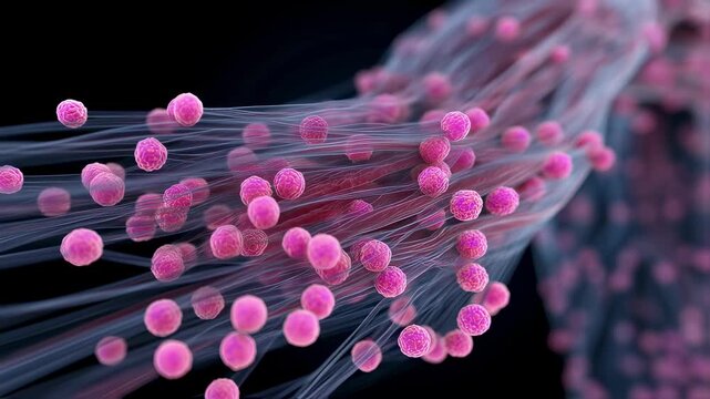 Medical illustration showing scattered pink trigger points on muscle fibers emphasizing areas of fibromyalgia pain sensitivity.