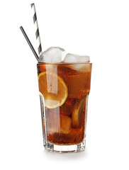 Glass of Long Island iced tea cocktail on white background