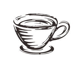 A simple, graphic illustration of a filled coffee cup and saucer, rendered in black and white.