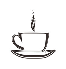 Stylized illustration of a steaming cup of coffee or tea on a saucer, depicted in black and white.