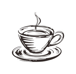 A sketch of a steaming cup of coffee on a saucer, presented in black and white.