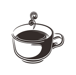 A simple black and white illustration of a steaming coffee cup.