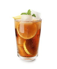 Glass of Long Island iced tea cocktail on white background