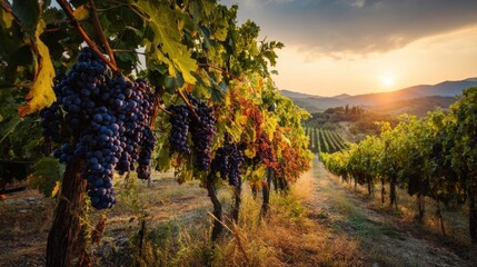 Fototapeta premium Sunset vineyard with grapes