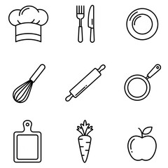 シェフの帽子、フォーク、ナイフ、お皿、泡立て器、まな板、リンゴなど、食べ物や料理をテーマにした線画アイコンのセット。レストラン、メニュー、キッチン、食事、料理。