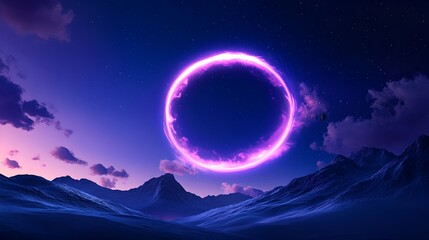 A mesmerizing otherworldly scene of a glowing electric blue and neon pink gradient portal suspended in a dark atmospheric night sky filled with dramatic clouds and mountains