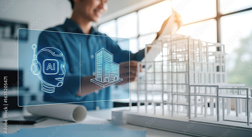 Poster future of architecture ai assisting in modern building design and smart city planning
