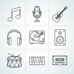 Music / Audio Icon Set (Line Art). Set of Line Art Icons Themed Around Music and Audio like a Microphone, Guitar, and Headphones. Music, Entertainment, Audio, Instruments.
