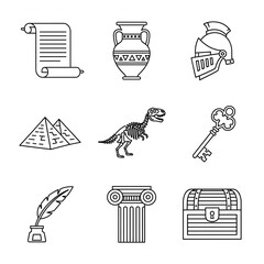 History / Adventure Icon Set (Line Art). Set of Line Art Icons Themed Around History and Adventure like a Scroll, Pyramid, and Dinosaur. History, Archaeology, Treasure Hunt, Ancient.

