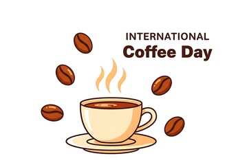 Celebrating international coffee day with a steaming cup of coffee and scattered roasted coffee beans illustration