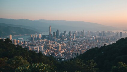 Obraz premium Photo of panoramic view of taipei city skyline at sunset with mountains in the background offering a captivating urban landscape