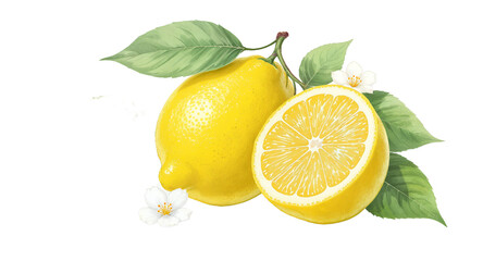 Juicy Lemons with Blossoms Fresh Citrus Fruit Illustration