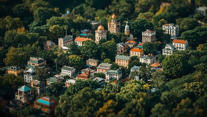 Photo of aerial view of a charming european city with historic buildings nestled among lush green trees creating a picturesque landscape